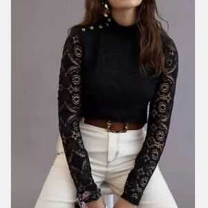 Anthropologie Maeve Black Lace Long Sleeve Top Sz Small